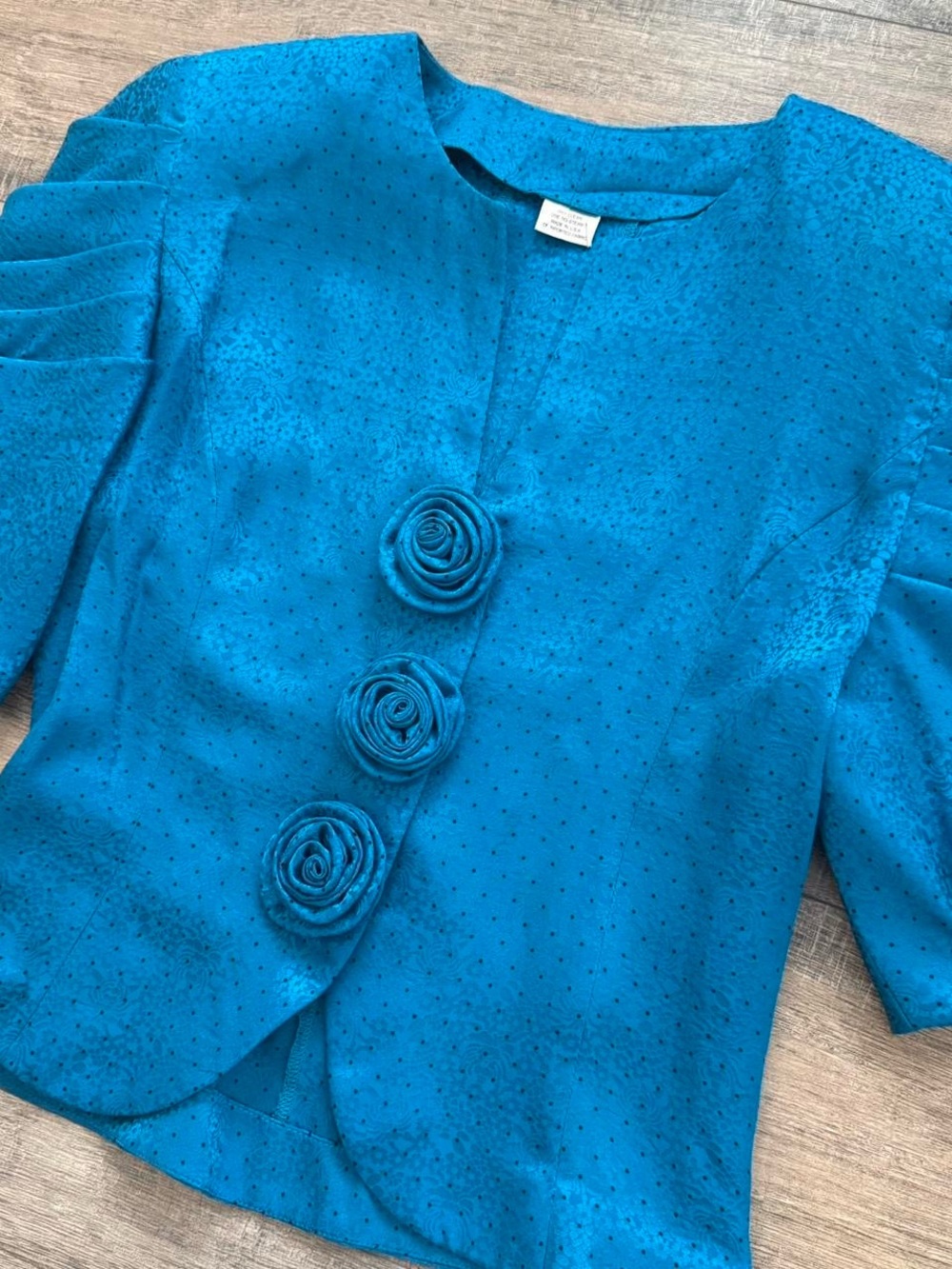 Vintage 80s Electric Blue Jacquard Rosette Cropped Statement Blazer S M